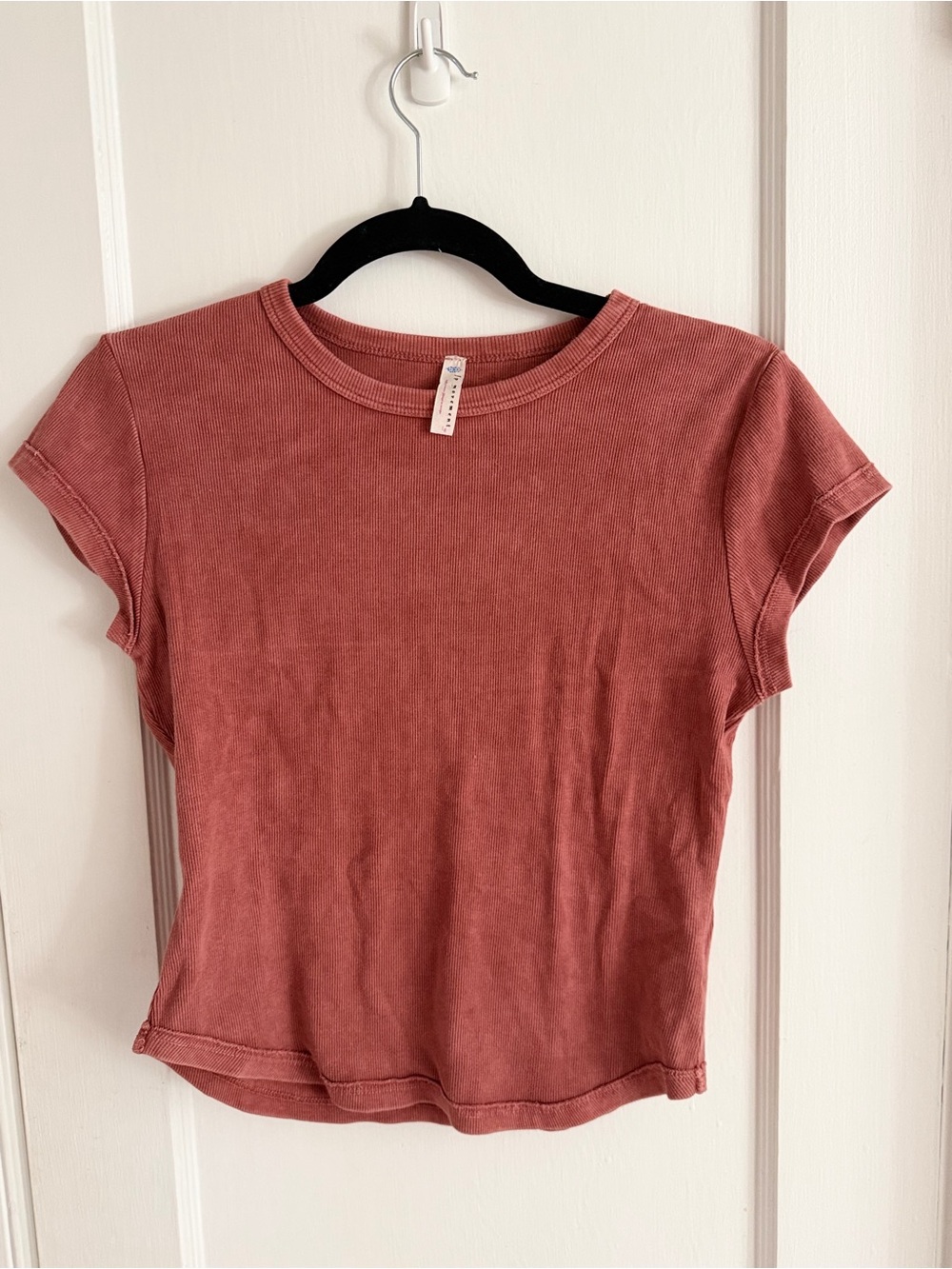 FP Movement by Free People Ribbed Short Sleeve Babydoll Tee - Dusty Rose